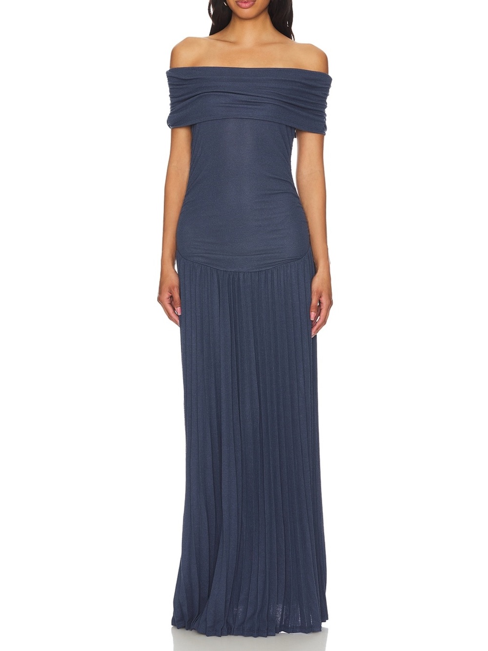 LIONESS Field Of Dreams Navy Maxi Dress XXS Off Shoulder Pleated NWT Flaw